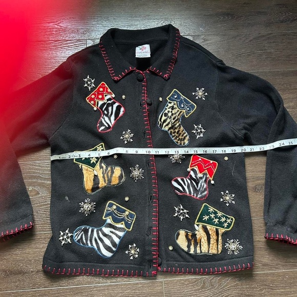 Knit Black Christmas sweater with animal, print stockings #uglychristmassweater - Picture 4 of 8
